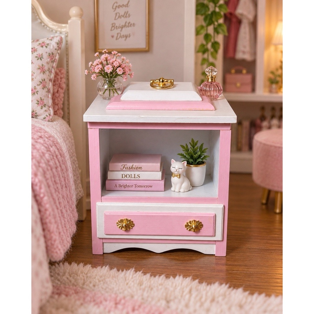 Vintage 1:6 Scale Pink White Wooden Cabinet Showcase Doll Furniture Plexiglass